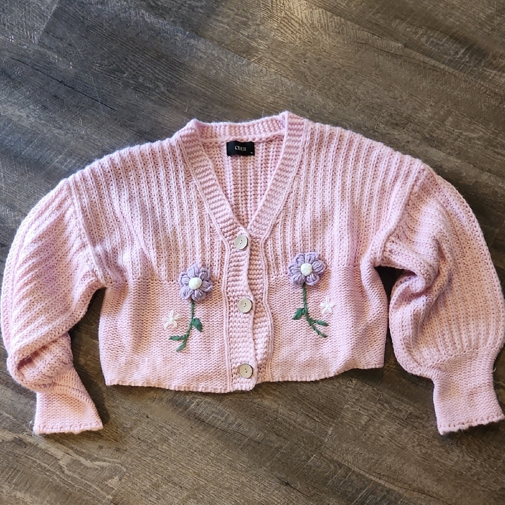 Cider Pink Ribbed Knit Cardigan with Floral Embroidery